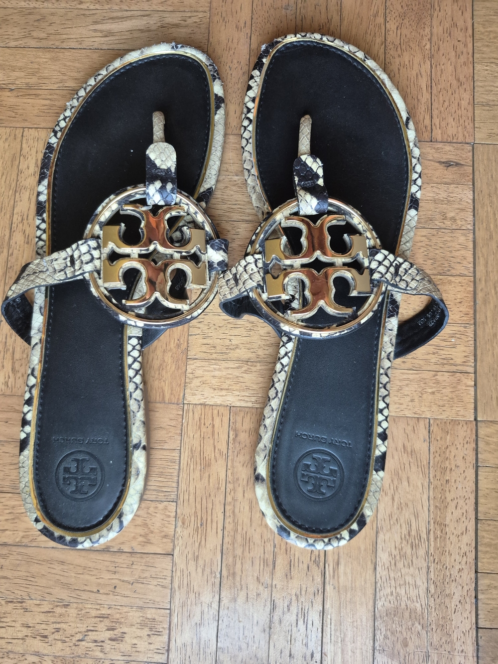 Tory Burch Snake-Print Miller Sandals in Black and Cream w Gold Size 9